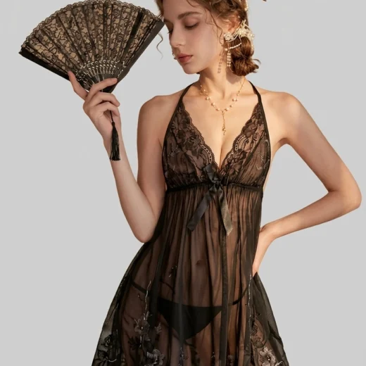 Silky Nights Women's Short Lingerie – Fancy Frock Style in Full Net Fabric