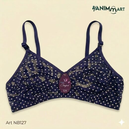 Polka Dot Lace Comfort Bra – Elegant Navy Blue Non-Padded Bra for Everyday Wear