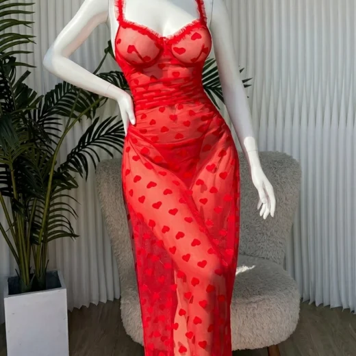 Romantic Heart-Print Sheer Maxi Nightgown