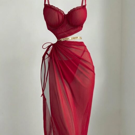 Based on the image provided, here is the optimized e-commerce product content.  Product Title Sheer Mesh Cutout Midi Cover-Up Set with Gold Chain
