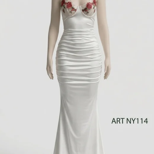 Floral Embroidered Corset-Style Ruched Satin Maxi Gown