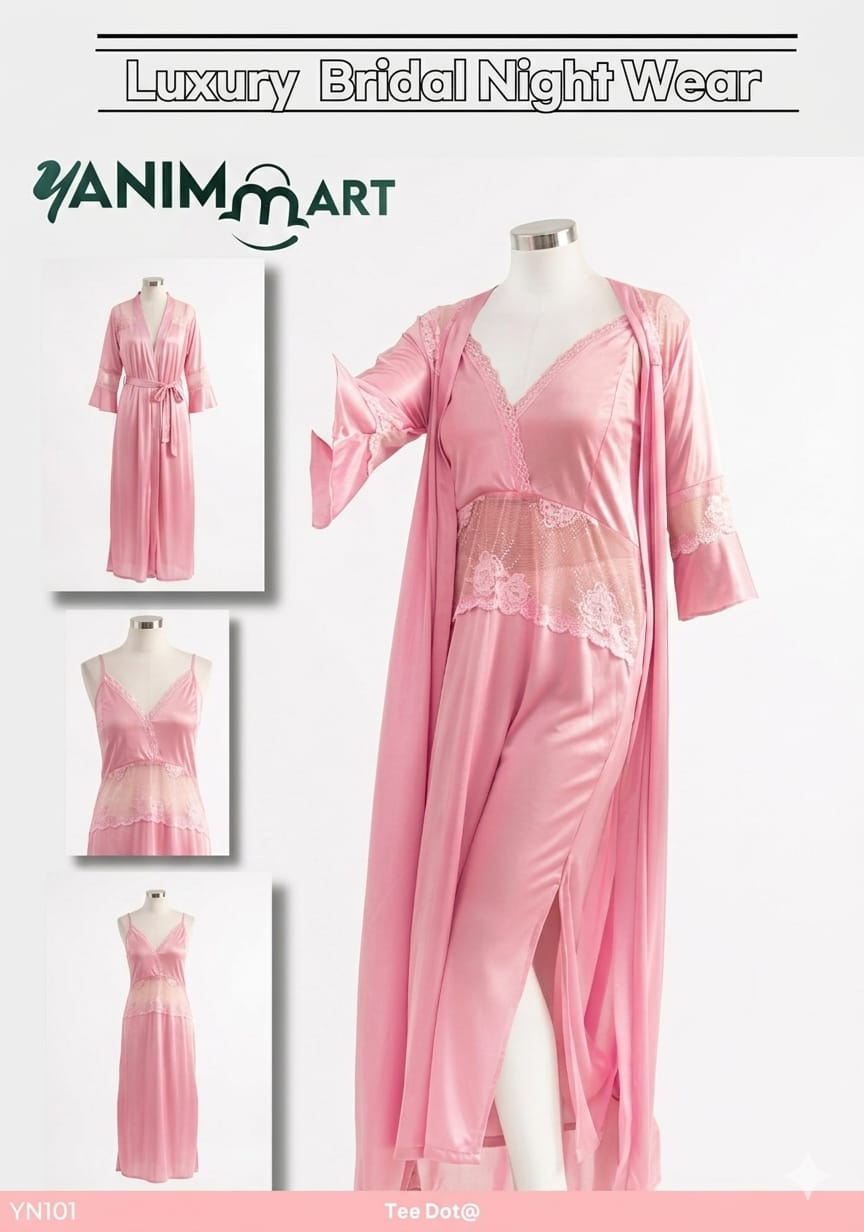Yanimart Luxury Bridal Nightwear Set – Elegant Pink Satin Nightgown & Sheer Robe (2-Piece)