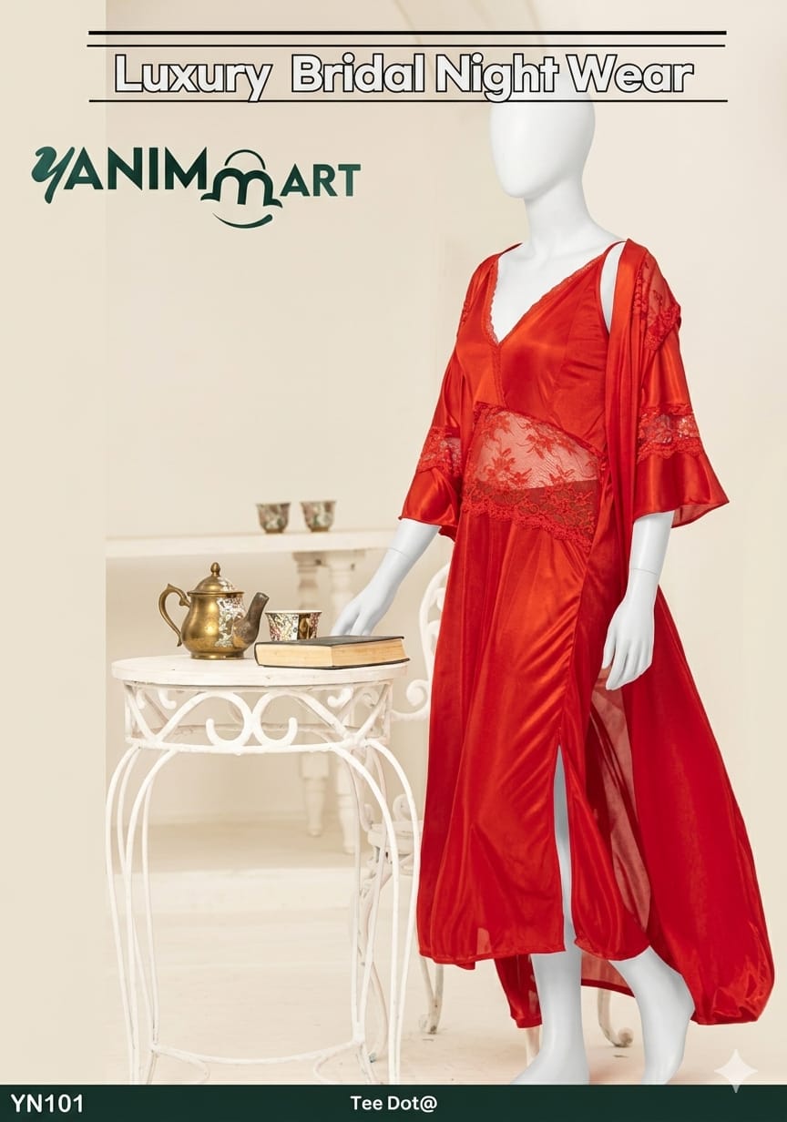 Yanimart Luxury Bridal Nightwear Set – Elegant Pink Satin Nightgown & Sheer Robe (2-Piece) - Image 2