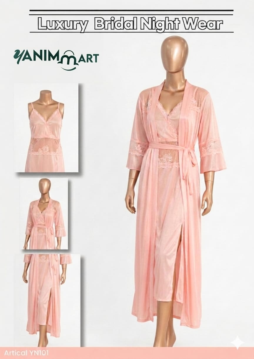 Yanimart Luxury Bridal Nightwear Set – Elegant Pink Satin Nightgown & Sheer Robe (2-Piece) - Image 3